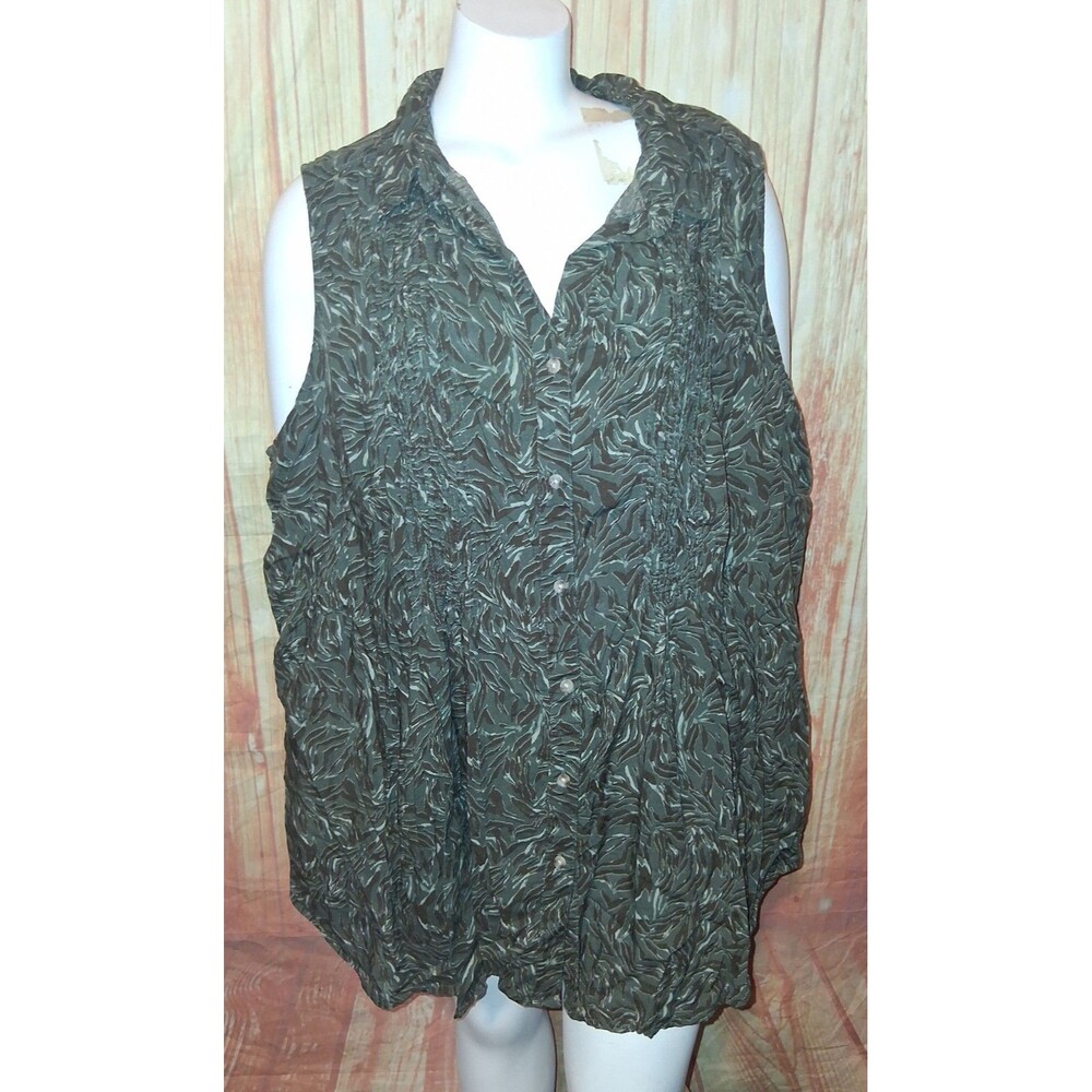 Terra & Sky Green Floral Sleeveless Button Up Blouse Sz 2X